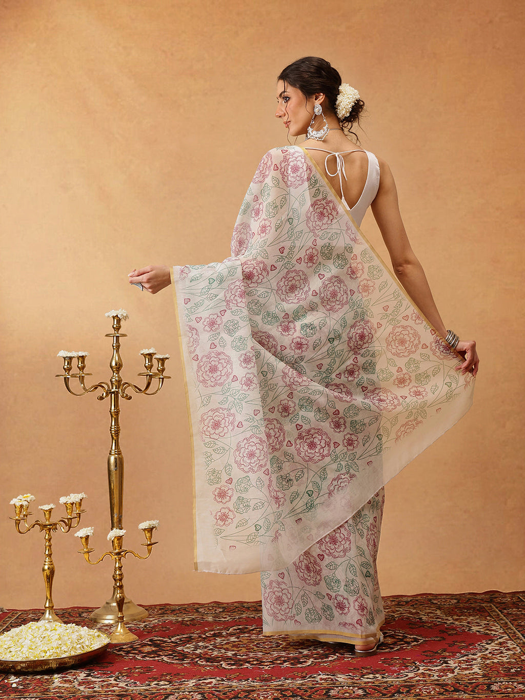 Hiral Fashion Off White Chanderi Cotton Blend Floral Digital Printed Saree