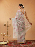 Hiral Fashion Off White Chanderi Cotton Blend Floral Digital Printed Saree