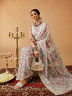 Hiral Fashion Off White Chanderi Cotton Blend Floral Digital Printed Saree