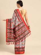 White Silk Blend Digital Print Patola Saree with Unstitched Blouse - Hiral Fashion