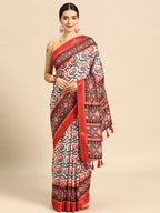 White Silk Blend Digital Print Patola Saree with Unstitched Blouse - Hiral Fashion