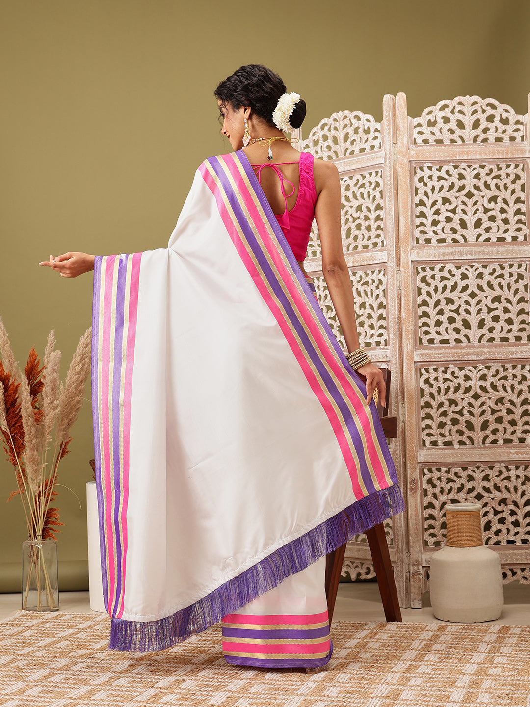 Hiral Fashion White Banarasi Soft Silk Solid Saree