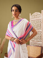 Hiral Fashion White Banarasi Soft Silk Solid Saree