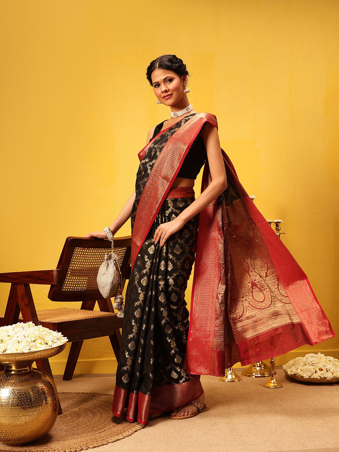 Hiral Fashion Black Banarasi Silk Woven Design Saree