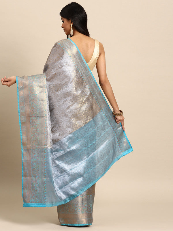 Blue Tissue Silk Woven Zari Design Floral Saree with Unstitched Blouse - Hiral Fashion