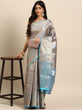 Blue Tissue Silk Woven Zari Design Floral Saree with Unstitched Blouse - Hiral Fashion