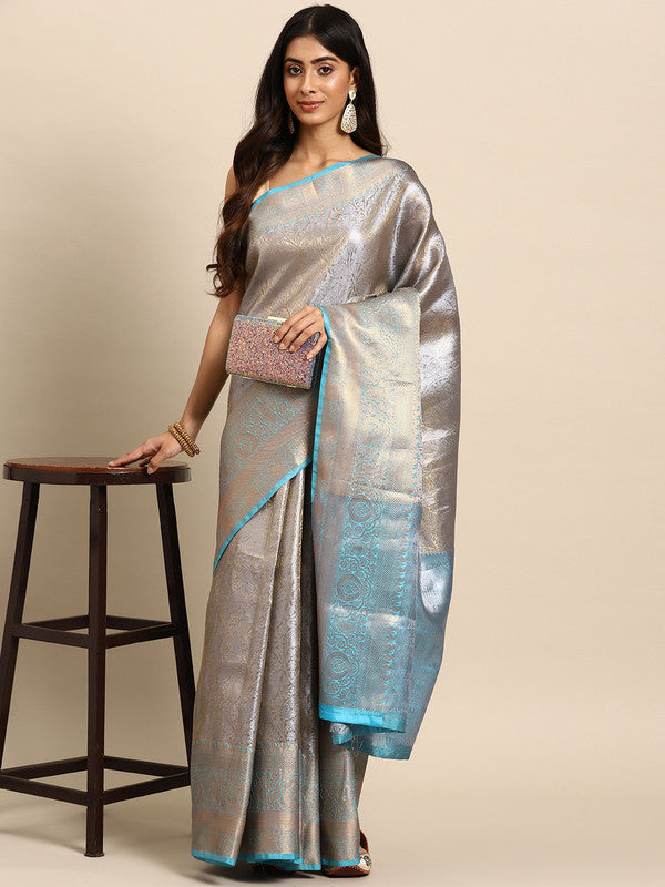 Blue Tissue Silk Woven Zari Design Floral Saree with Unstitched Blouse - Hiral Fashion