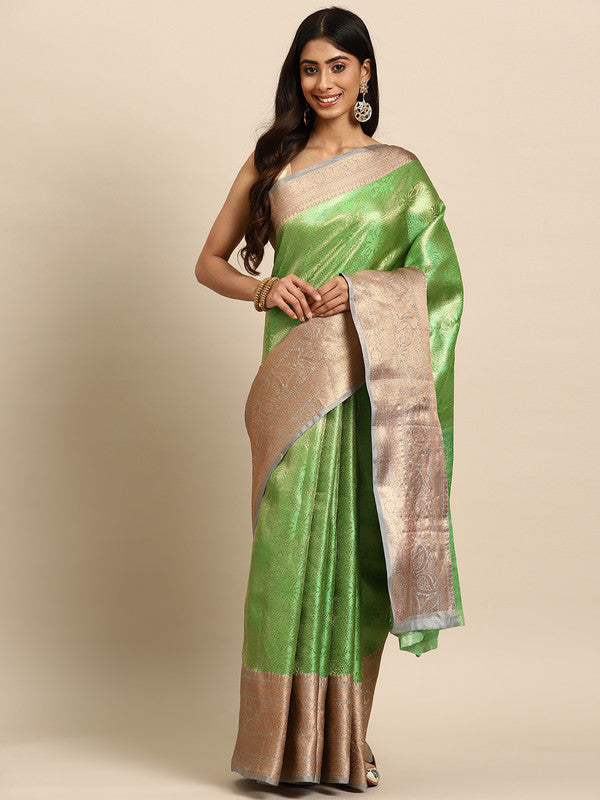 Green Tissue Silk Woven Zari Design Floral Saree with Unstitched Blouse - Hiral Fashion