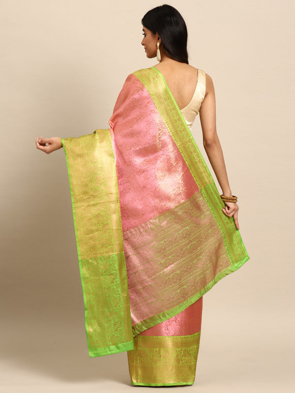 Pink Tissue Silk Woven Zari Design Floral Saree with Unstitched Blouse - Hiral Fashion