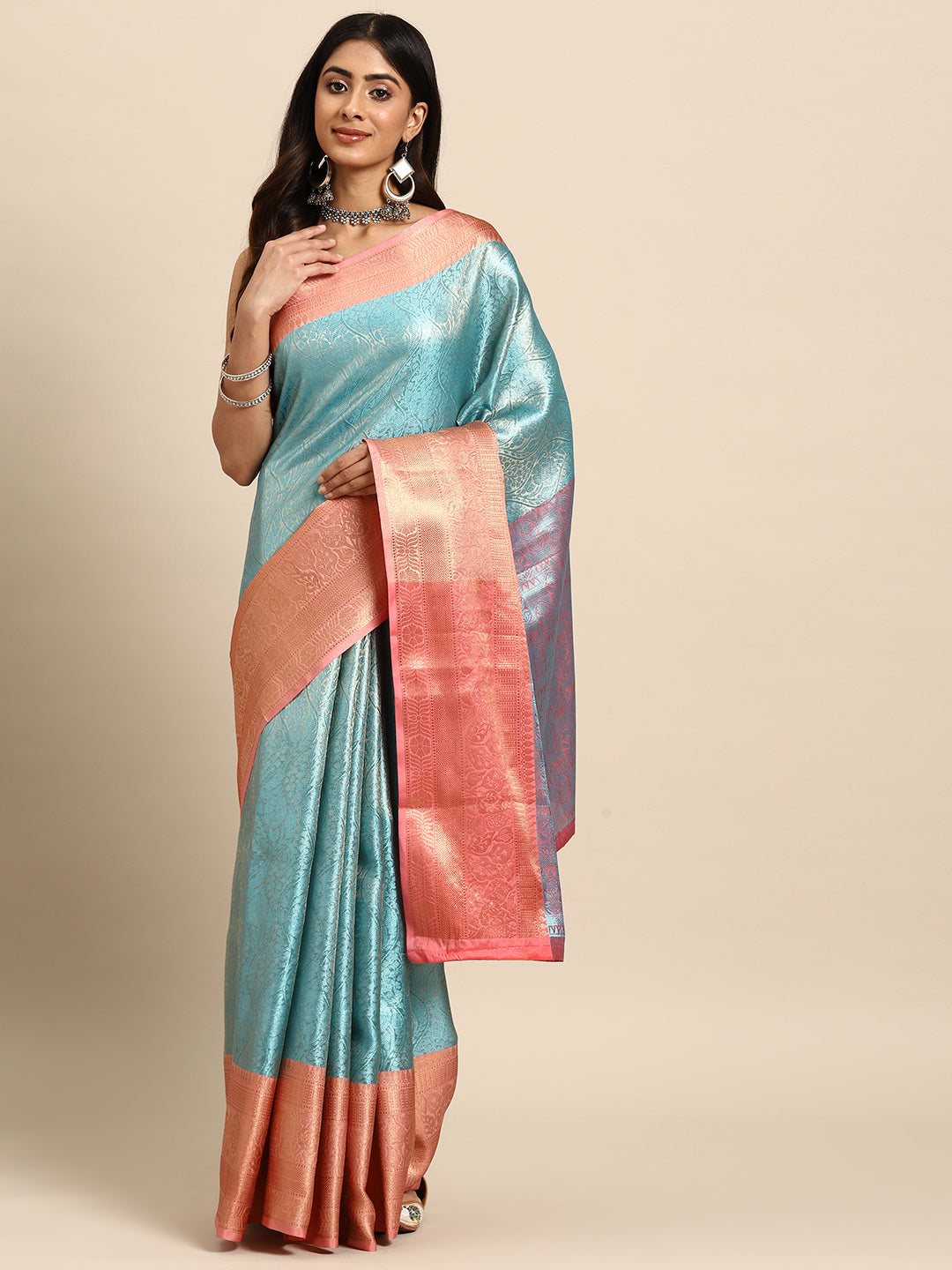 Turquoise Tissue Silk Woven Zari Design Floral Saree with Unstitched Blouse - Hiral Fashion