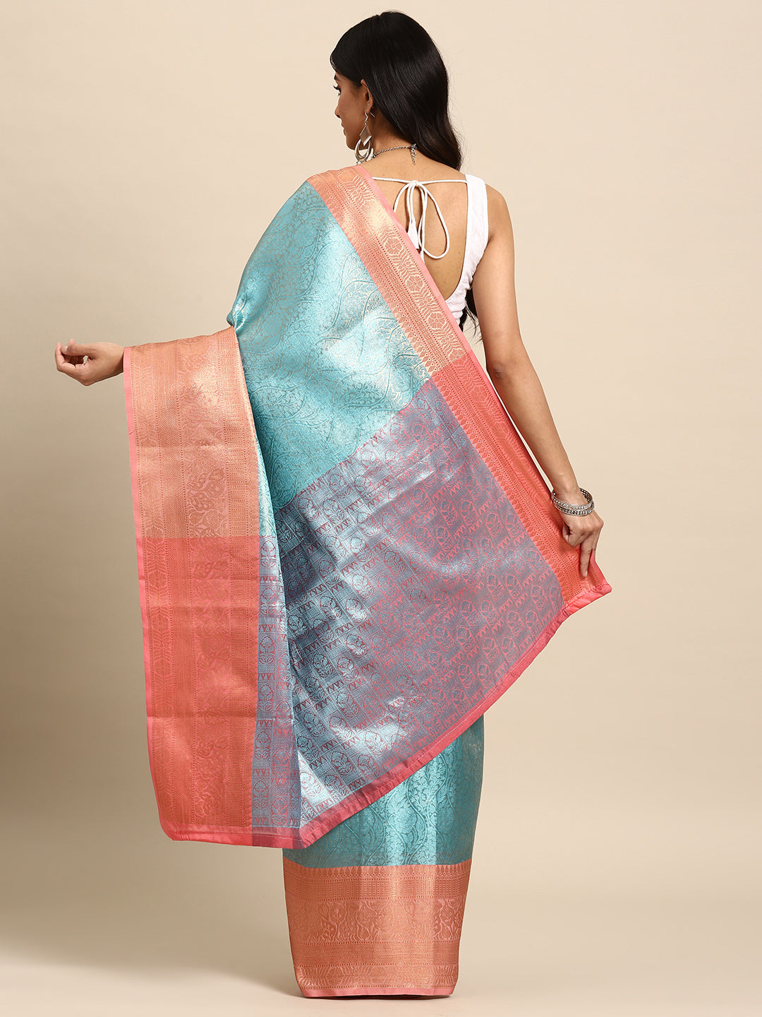 Turquoise Tissue Silk Woven Zari Design Floral Saree with Unstitched Blouse - Hiral Fashion
