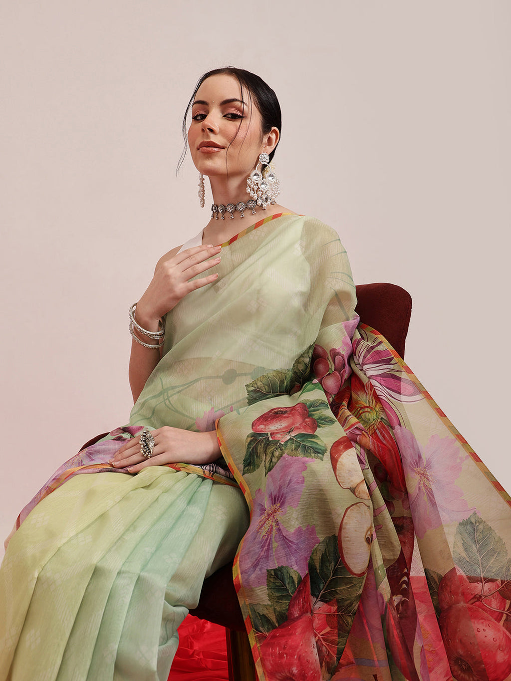 Hiral Fashion Olive Chanderi Cotton Blend Animal Print Digital Printed Saree