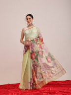 Hiral Fashion Olive Chanderi Cotton Blend Animal Print Digital Printed Saree