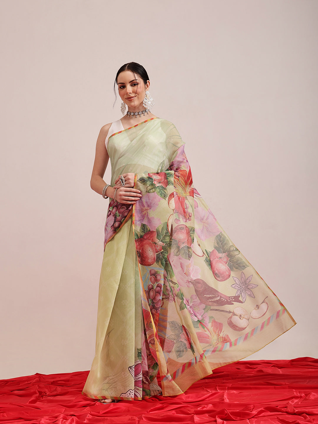 Hiral Fashion Olive Chanderi Cotton Blend Animal Print Digital Printed Saree