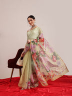 Hiral Fashion Olive Chanderi Cotton Blend Animal Print Digital Printed Saree