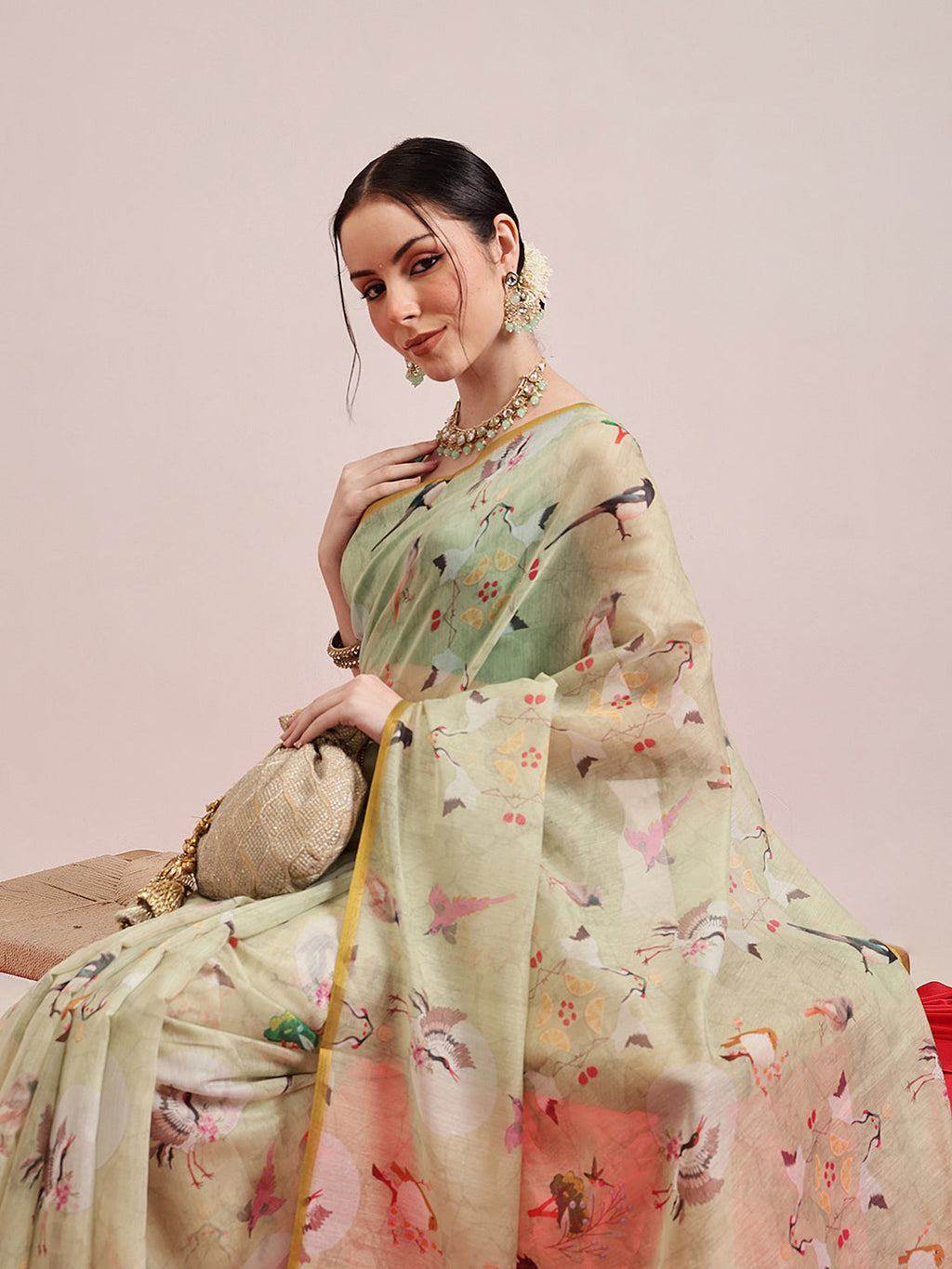 Hiral Fashion Olive Chanderi Cotton Blend Animal Print Digital Printed Saree