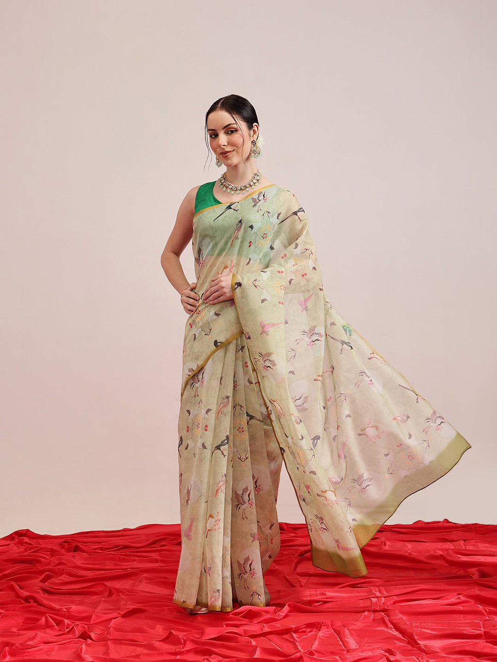 Hiral Fashion Olive Chanderi Cotton Blend Animal Print Digital Printed Saree