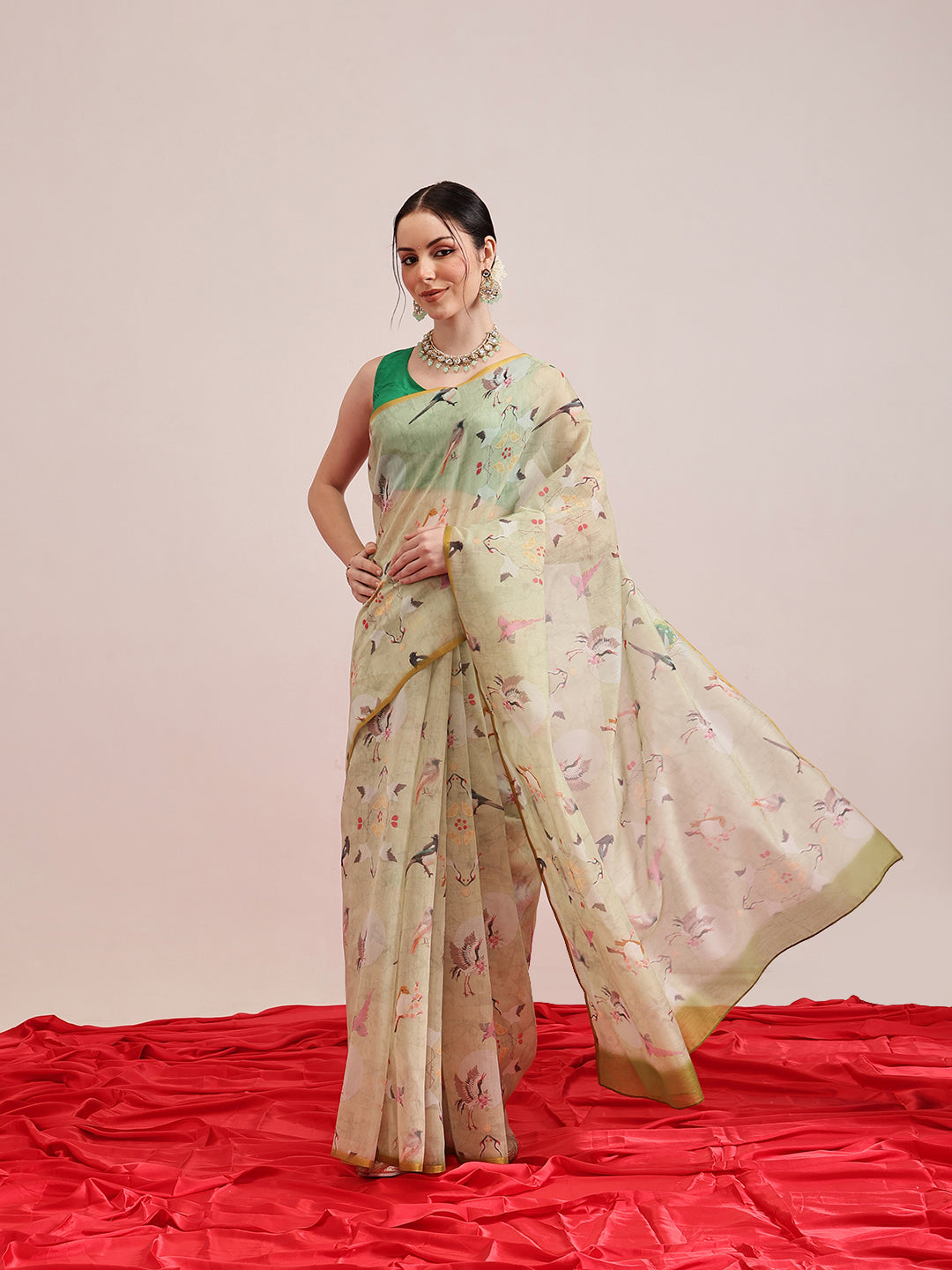 Hiral Fashion Olive Chanderi Cotton Blend Animal Print Digital Printed Saree