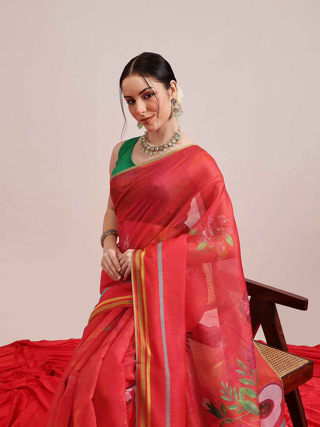 Hiral Fashion Red Chanderi Cotton Blend Fruits Digital Printed Saree