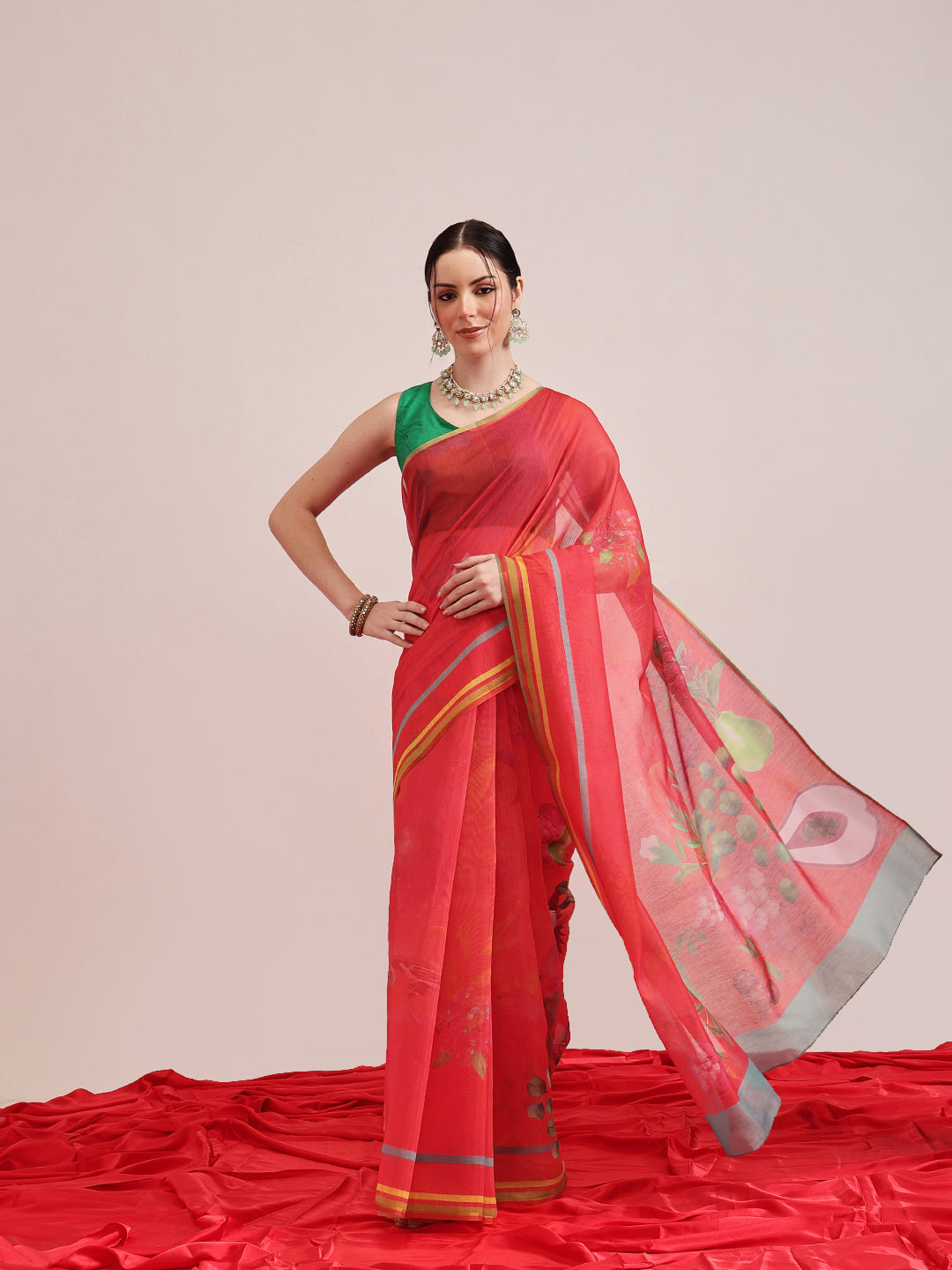Hiral Fashion Red Chanderi Cotton Blend Fruits Digital Printed Saree