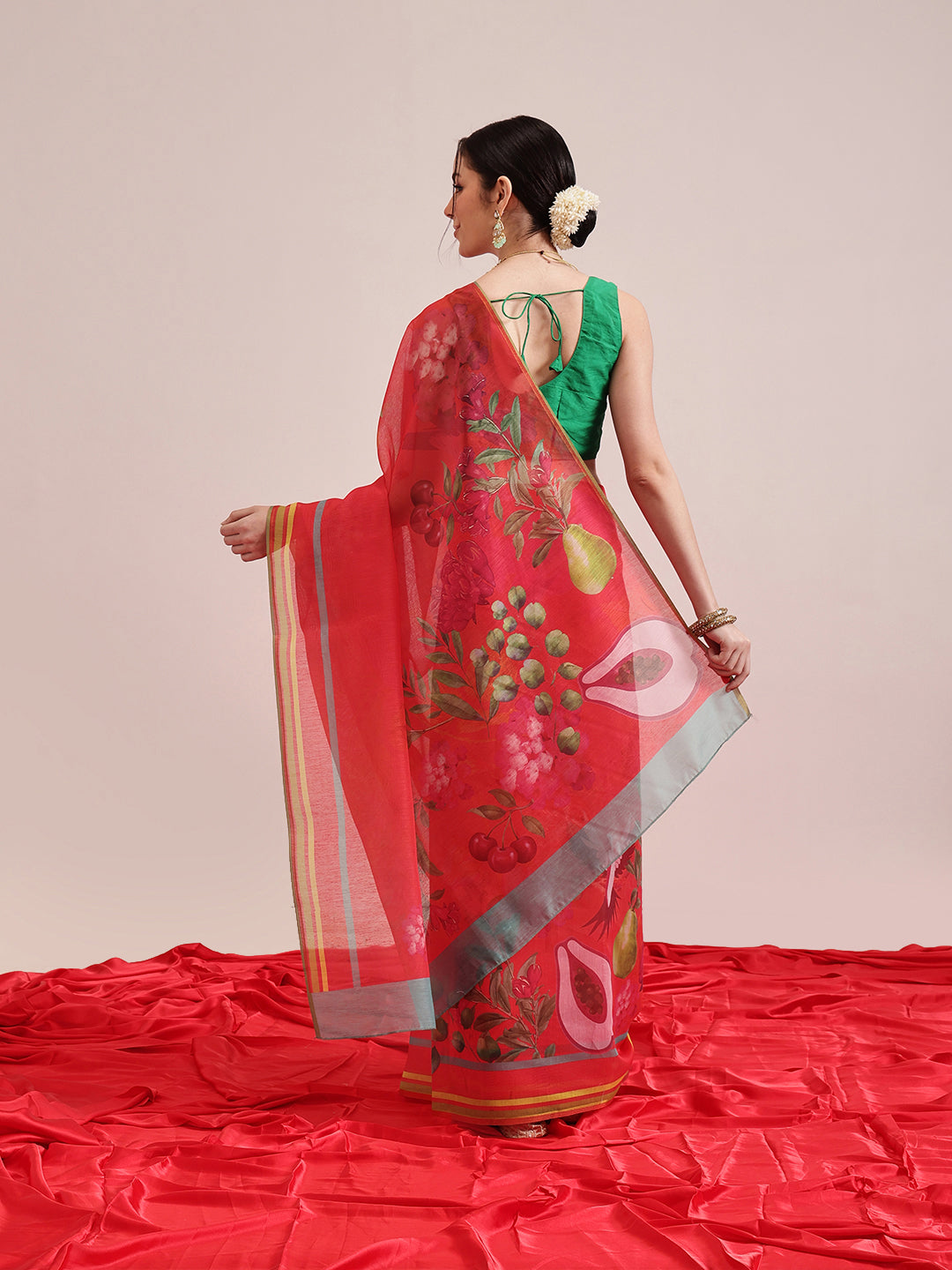 Hiral Fashion Red Chanderi Cotton Blend Fruits Digital Printed Saree