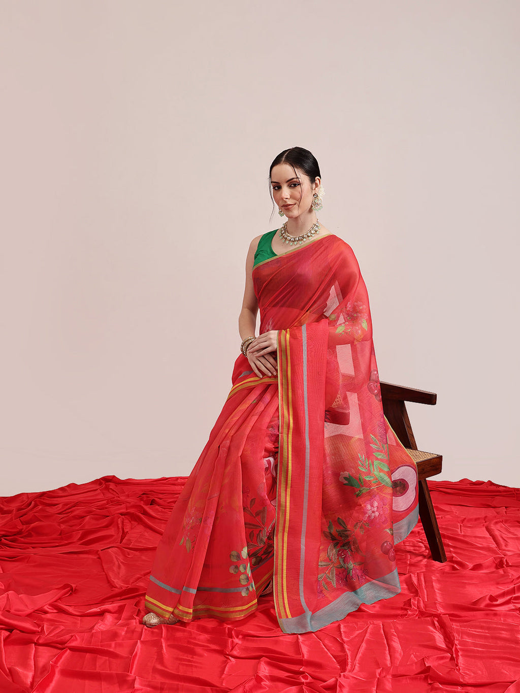 Hiral Fashion Red Chanderi Cotton Blend Fruits Digital Printed Saree
