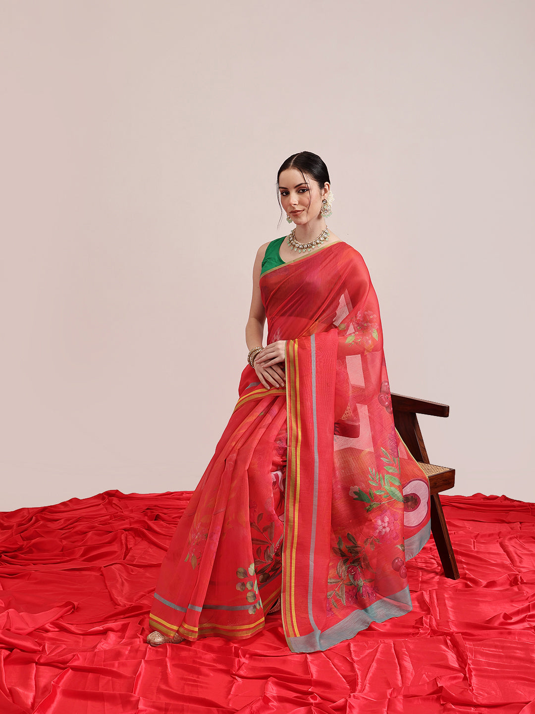 Hiral Fashion Red Chanderi Cotton Blend Fruits Digital Printed Saree
