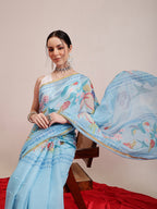 Hiral Fashion Blue Chanderi Cotton Blend Fruits Digital Printed Saree