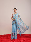 Hiral Fashion Blue Chanderi Cotton Blend Fruits Digital Printed Saree