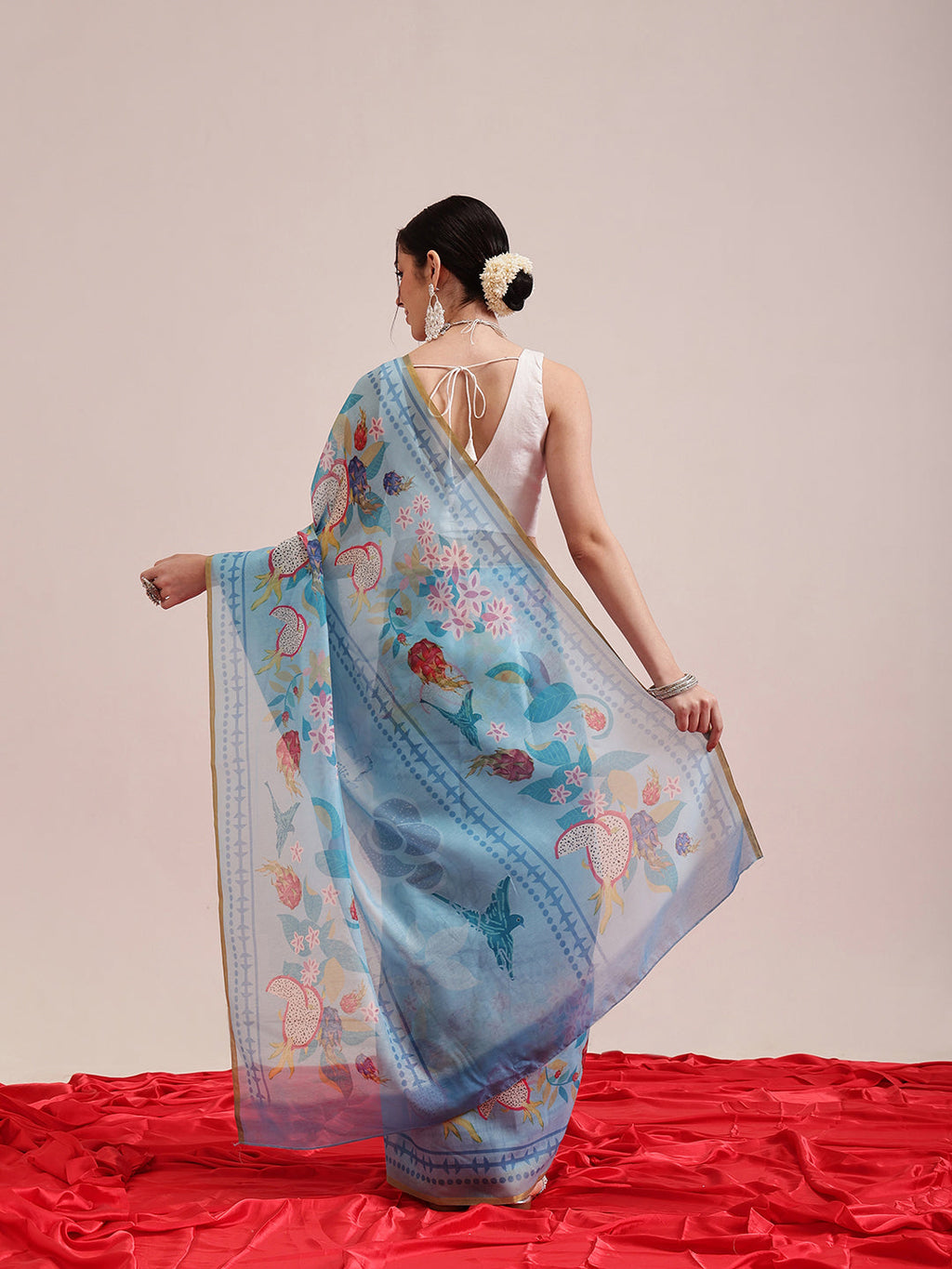 Hiral Fashion Blue Chanderi Cotton Blend Fruits Digital Printed Saree