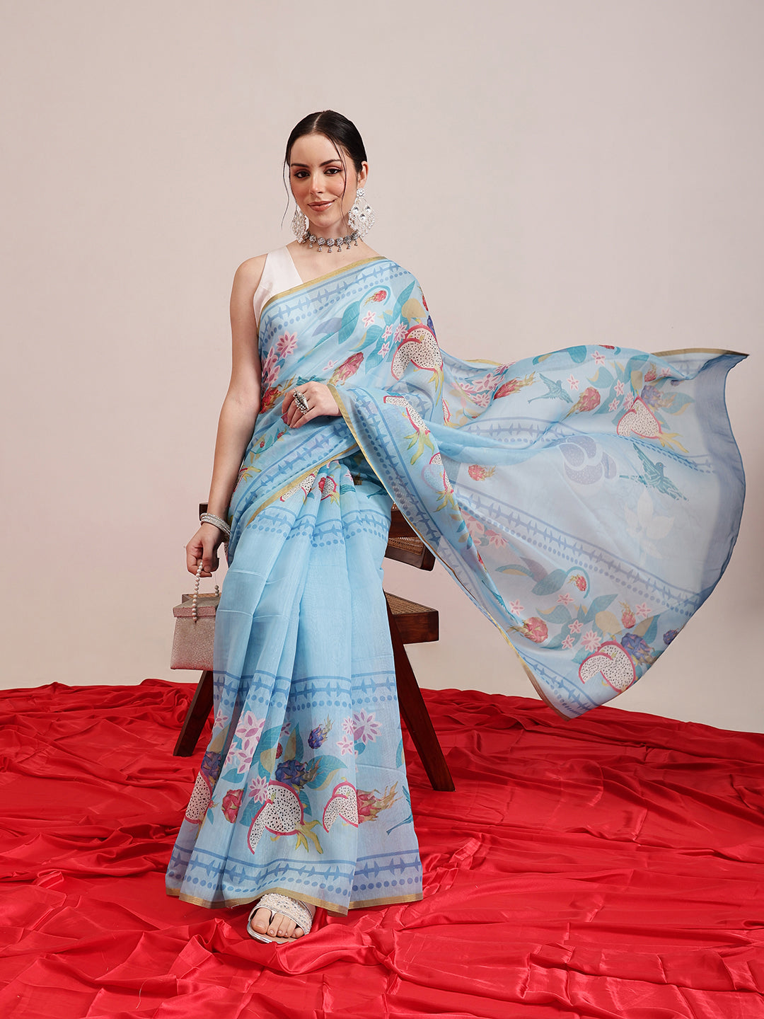 Hiral Fashion Blue Chanderi Cotton Blend Fruits Digital Printed Saree