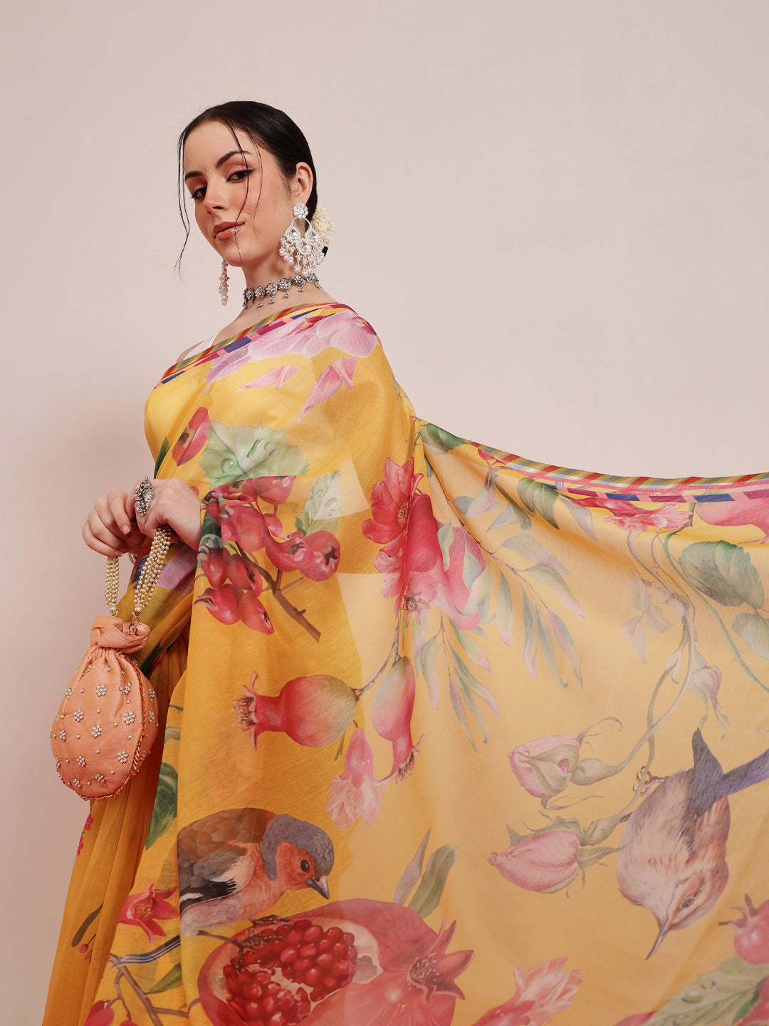 Hiral Fashion Yellow Chanderi Cotton Blend Fruits Digital Printed Saree