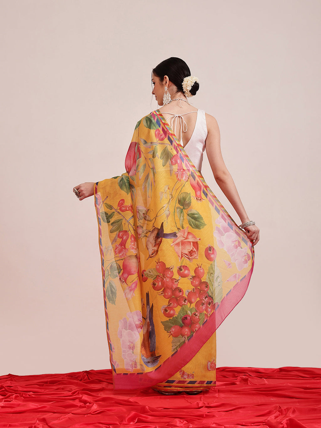Hiral Fashion Yellow Chanderi Cotton Blend Fruits Digital Printed Saree