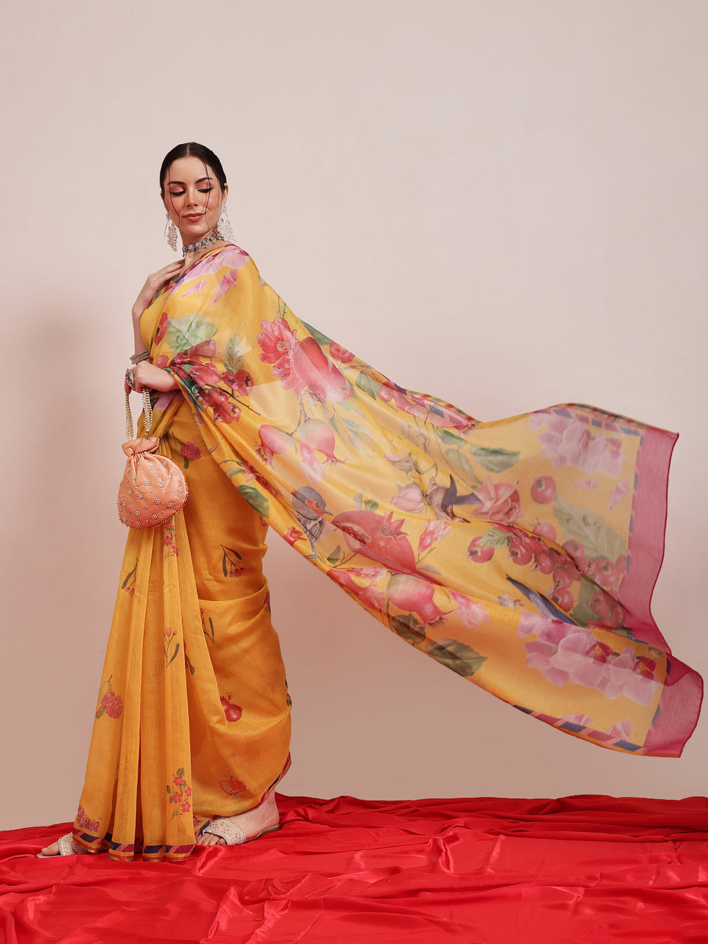 Hiral Fashion Yellow Chanderi Cotton Blend Fruits Digital Printed Saree