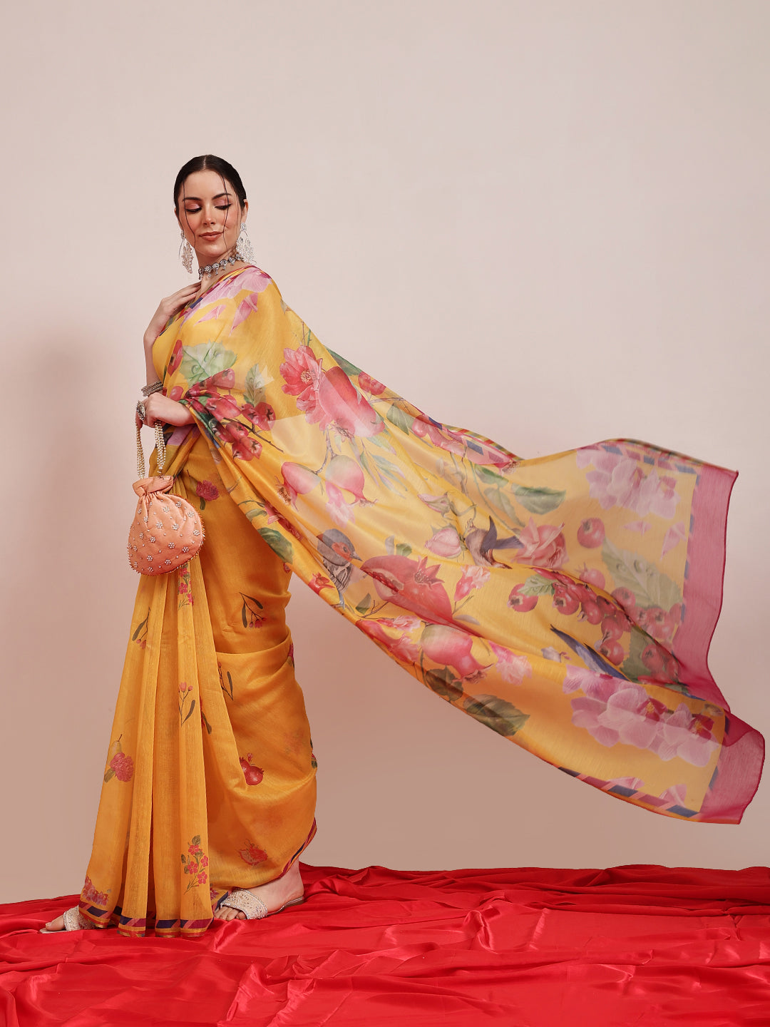Hiral Fashion Yellow Chanderi Cotton Blend Fruits Digital Printed Saree