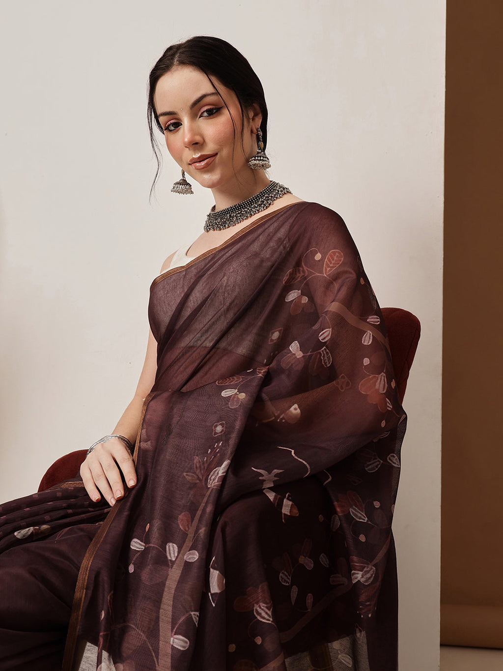 Hiral Fashion Brown Chanderi Cotton Blend Floral Digital Printed Saree