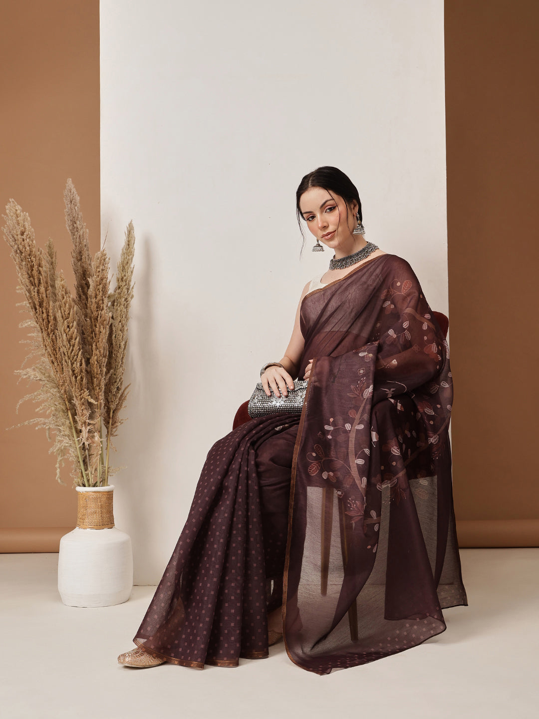 Hiral Fashion Brown Chanderi Cotton Blend Floral Digital Printed Saree