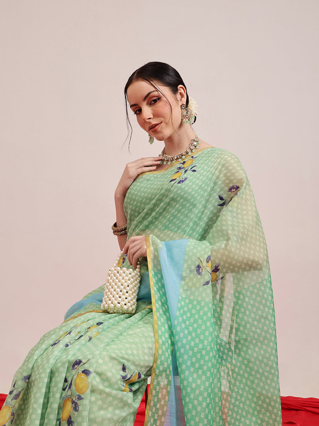 Hiral Fashion Green Chanderi Cotton Blend Animal Print Digital Printed Saree