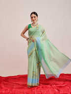 Hiral Fashion Green Chanderi Cotton Blend Animal Print Digital Printed Saree