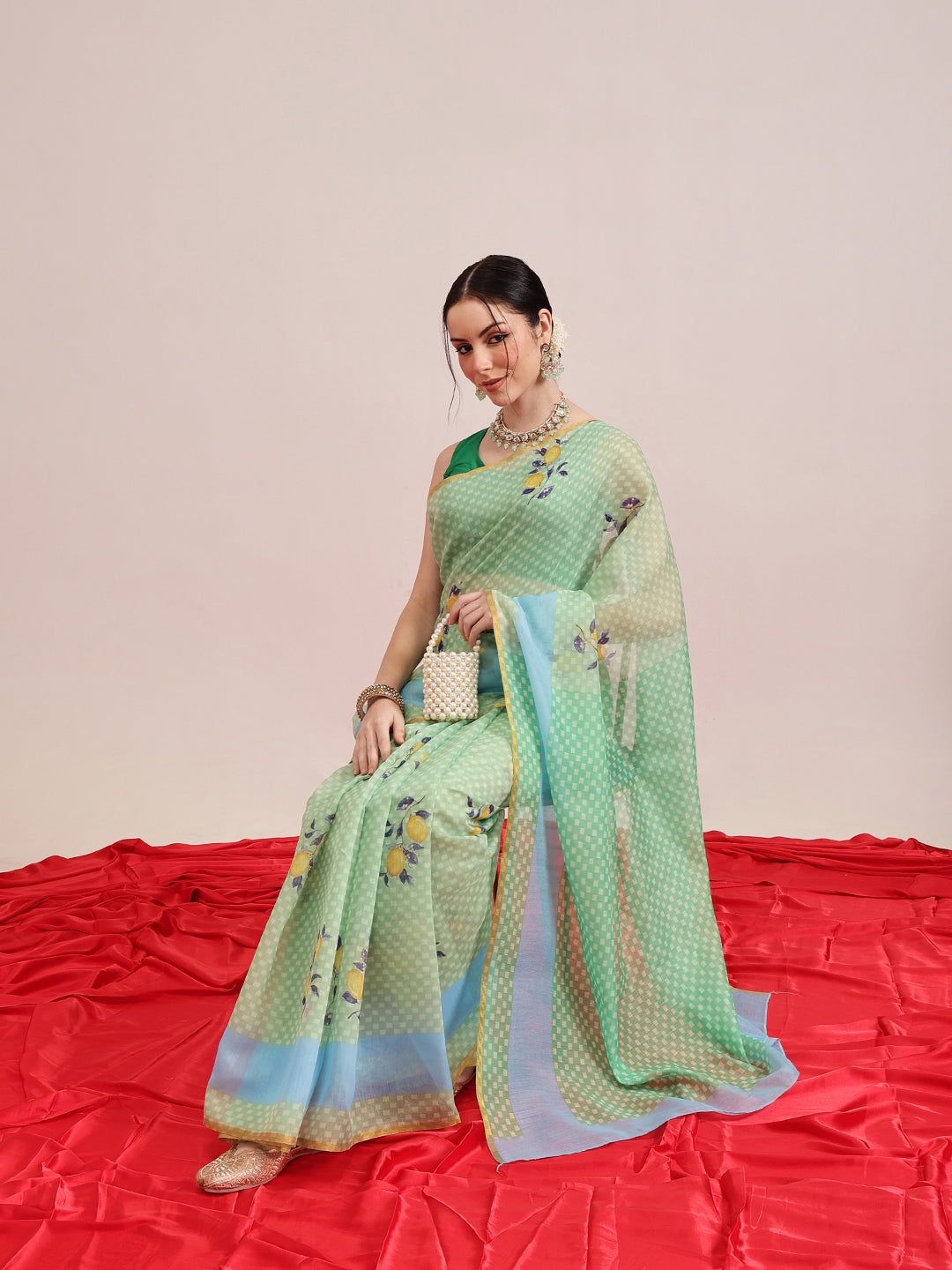 Hiral Fashion Green Chanderi Cotton Blend Animal Print Digital Printed Saree
