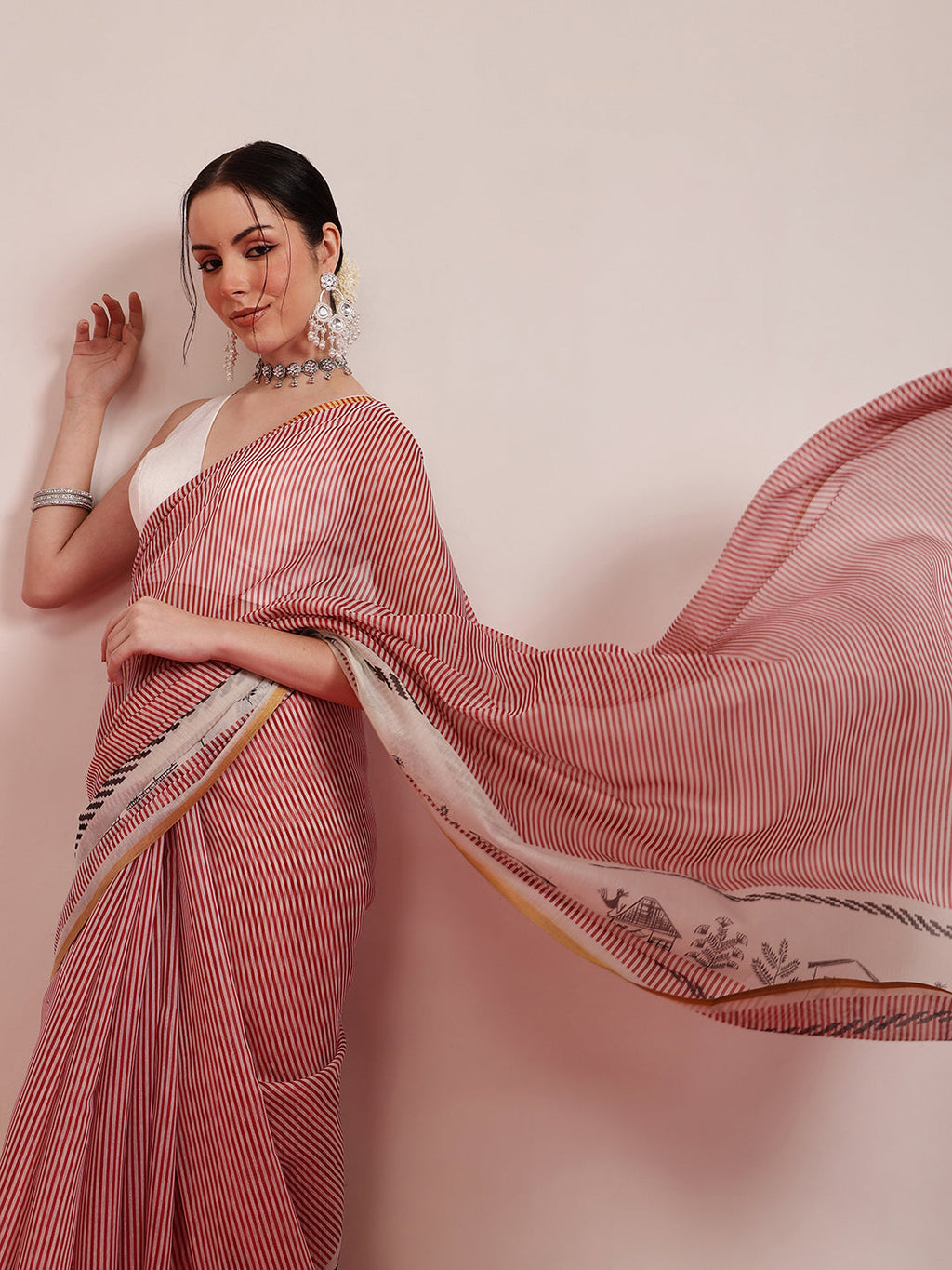 Hiral Fashion Maroon Chanderi Cotton Blend Stripes Digital Printed Saree
