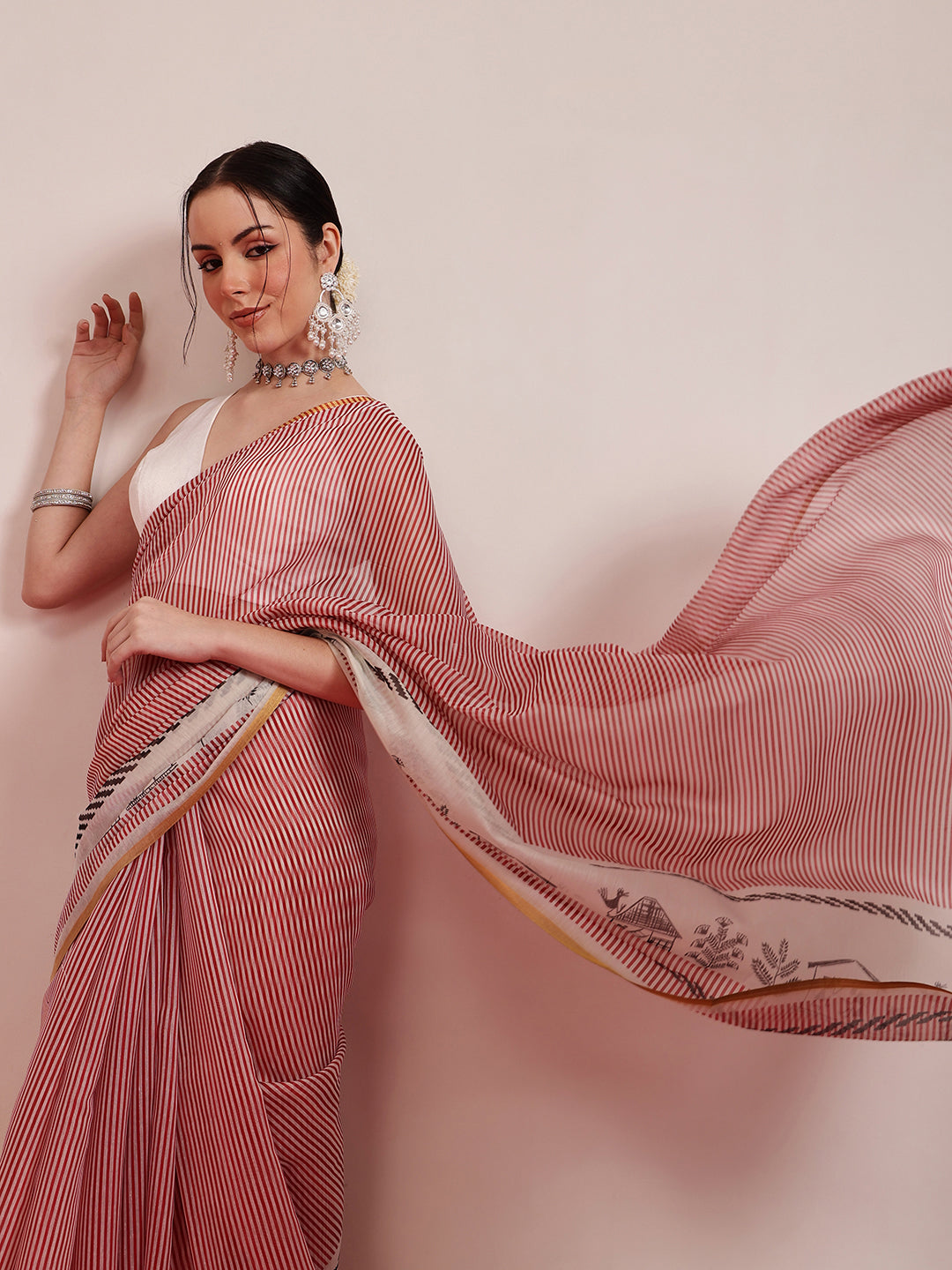 Hiral Fashion Maroon Chanderi Cotton Blend Stripes Digital Printed Saree