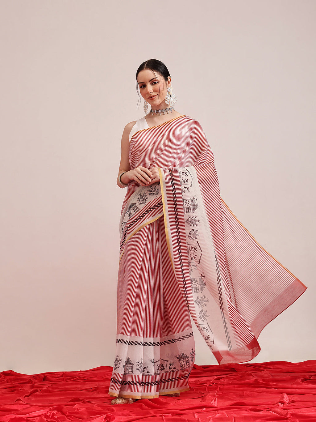 Hiral Fashion Maroon Chanderi Cotton Blend Stripes Digital Printed Saree