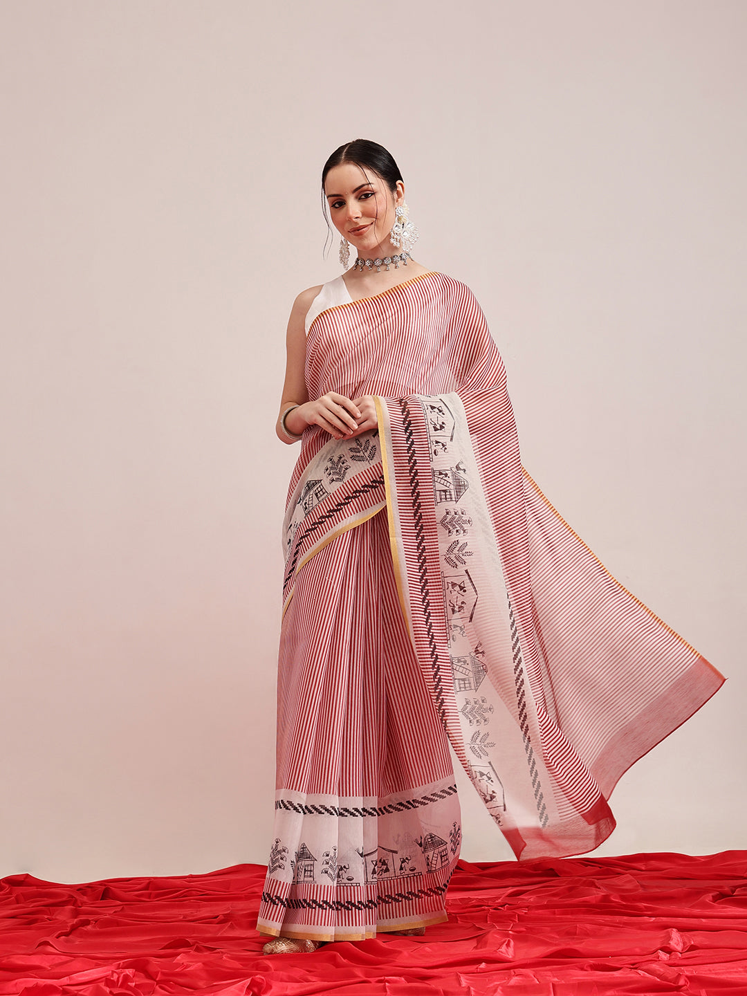 Hiral Fashion Maroon Chanderi Cotton Blend Stripes Digital Printed Saree