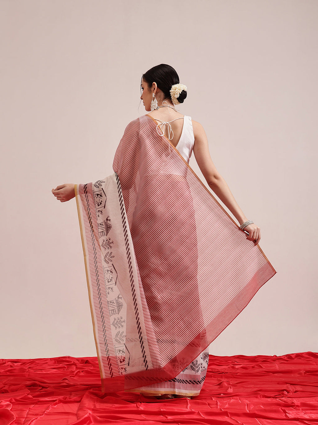 Hiral Fashion Maroon Chanderi Cotton Blend Stripes Digital Printed Saree