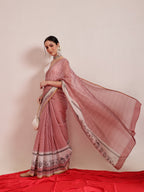 Hiral Fashion Maroon Chanderi Cotton Blend Stripes Digital Printed Saree