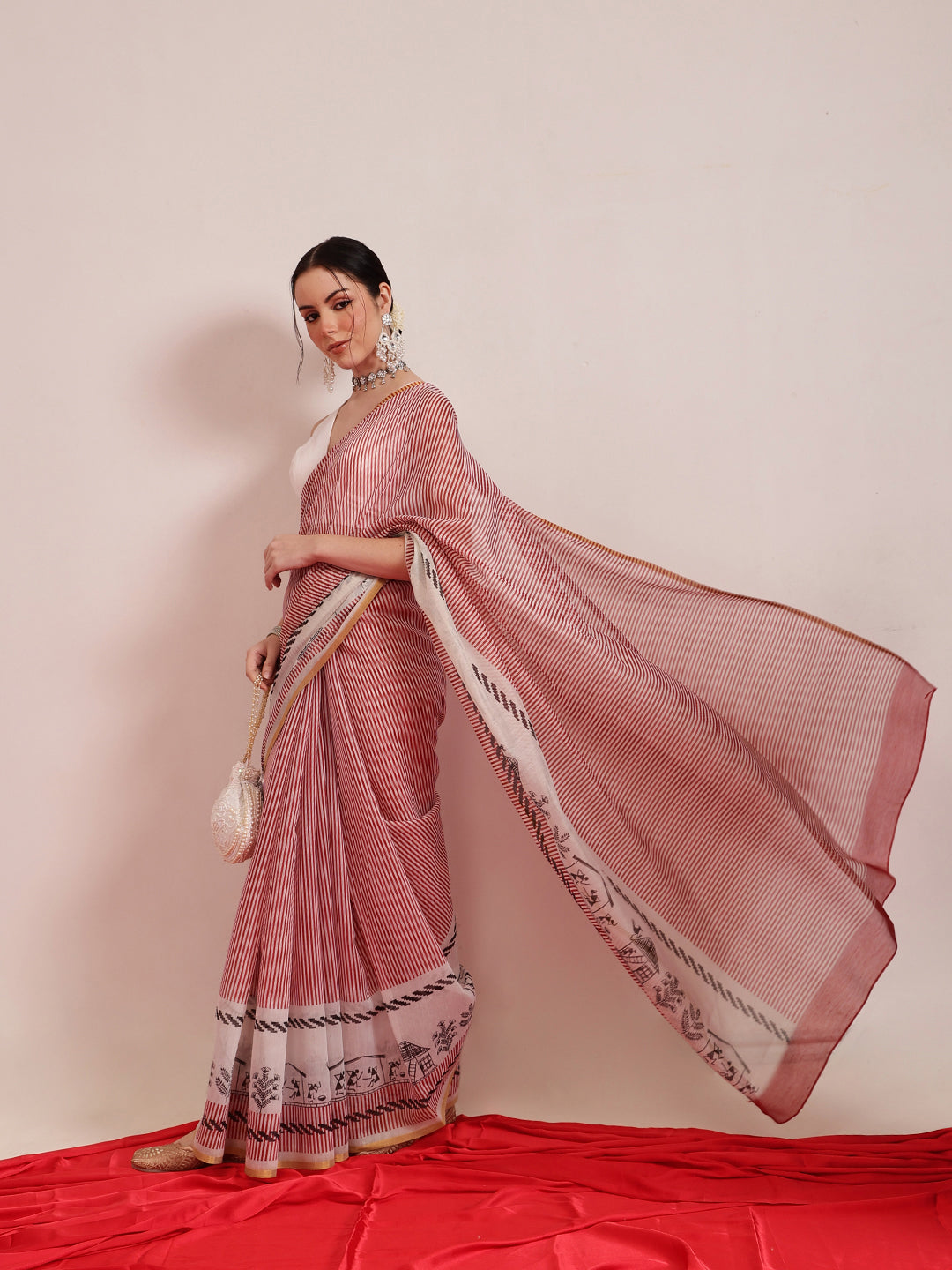 Hiral Fashion Maroon Chanderi Cotton Blend Stripes Digital Printed Saree