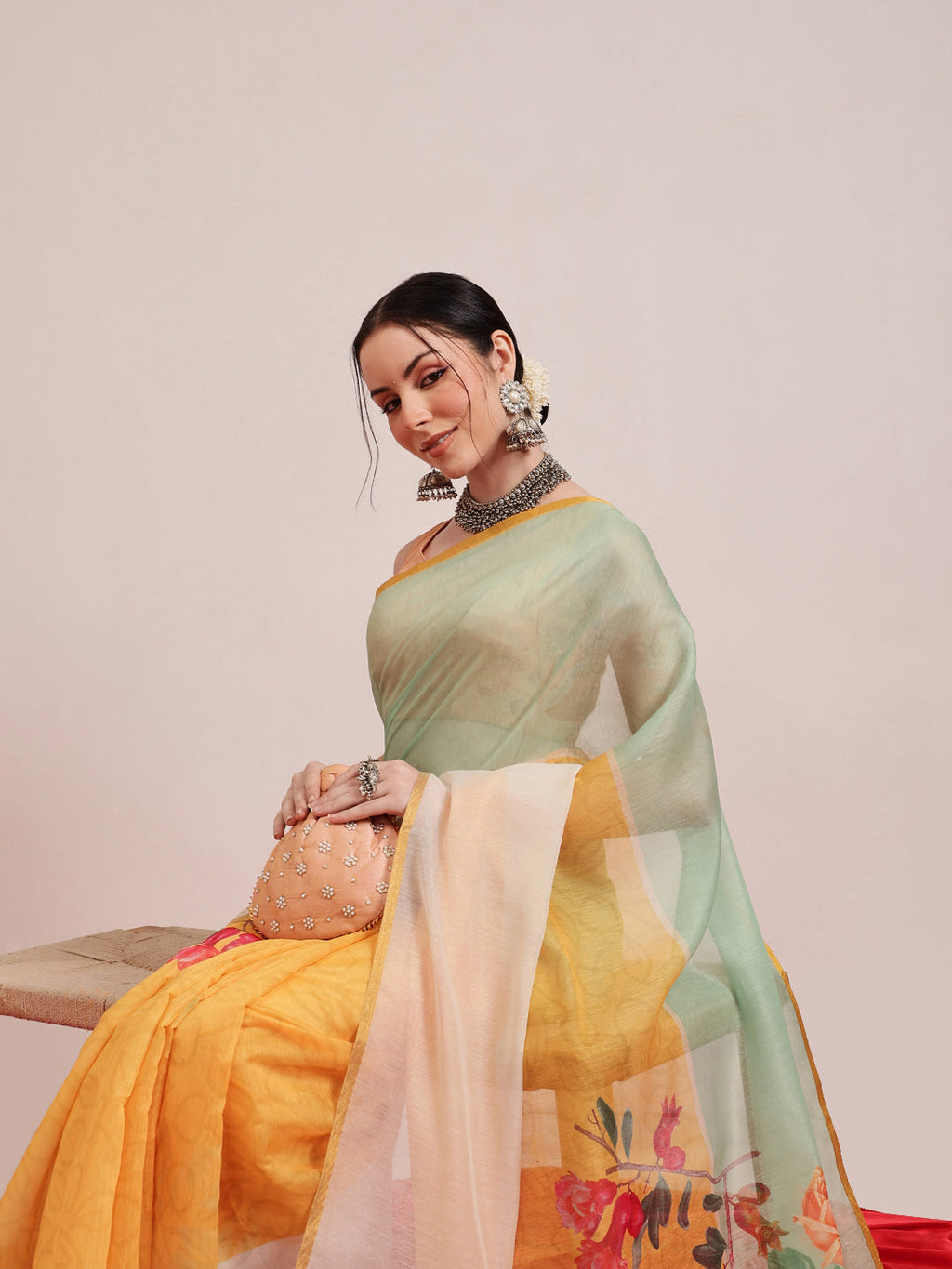 Hiral Fashion Yellow Chanderi Cotton Blend Fruits Digital Printed Saree