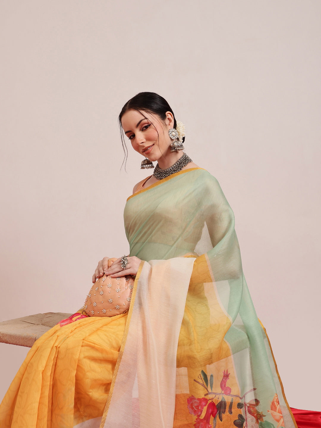 Hiral Fashion Yellow Chanderi Cotton Blend Fruits Digital Printed Saree