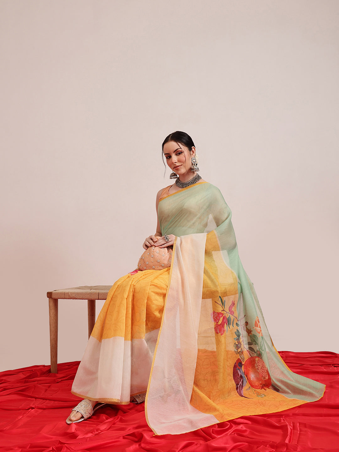 Hiral Fashion Yellow Chanderi Cotton Blend Fruits Digital Printed Saree
